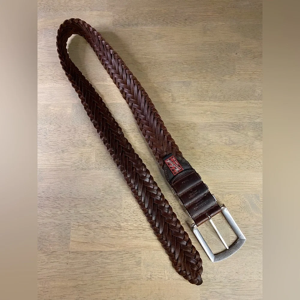 VTG‎ Woolrich Womens Brown Leather Belt Braided -40 In- Silver tone Hardware